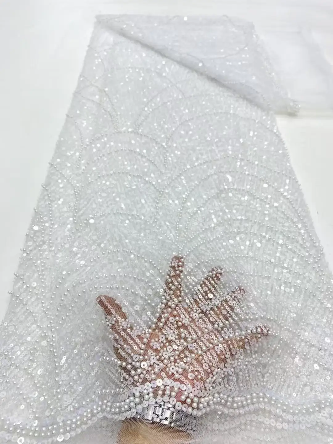 Color: pink, Width: 120cm, Length: 5 yards - Luxury Sky Blue French Tulle Lace Fabric with Sequins Beads for Bridal Dress Nigerian Groom High Quality African Wedding Gown Ma