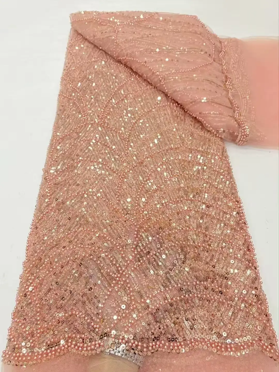 Color: pink, Width: 120cm, Length: 5 yards - Luxury Sky Blue French Tulle Lace Fabric with Sequins Beads for Bridal Dress Nigerian Groom High Quality African Wedding Gown Ma