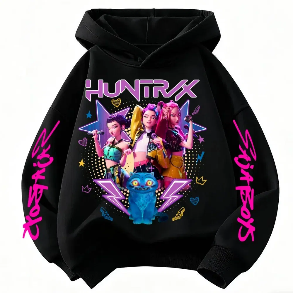 Color: black, Kid Size: 7 - Demone Hunter Girl's Pink Hooded Streetwear Autumn Cute Anime Baby Pullover Kids Y2K Kawaii Long Sleeved T-shirt Casual Clothes