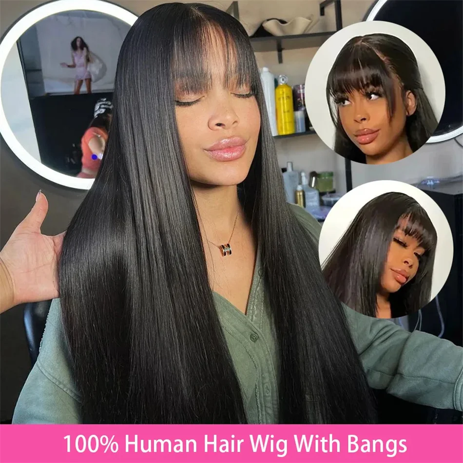 Stretched Length: 26inches, Density: 180% - Silky Wig Human Hair Full Machine Made Straight 100% Human Hair Wigs With Bangs For Women Brazilian Cheap Wig On Sale Clearance