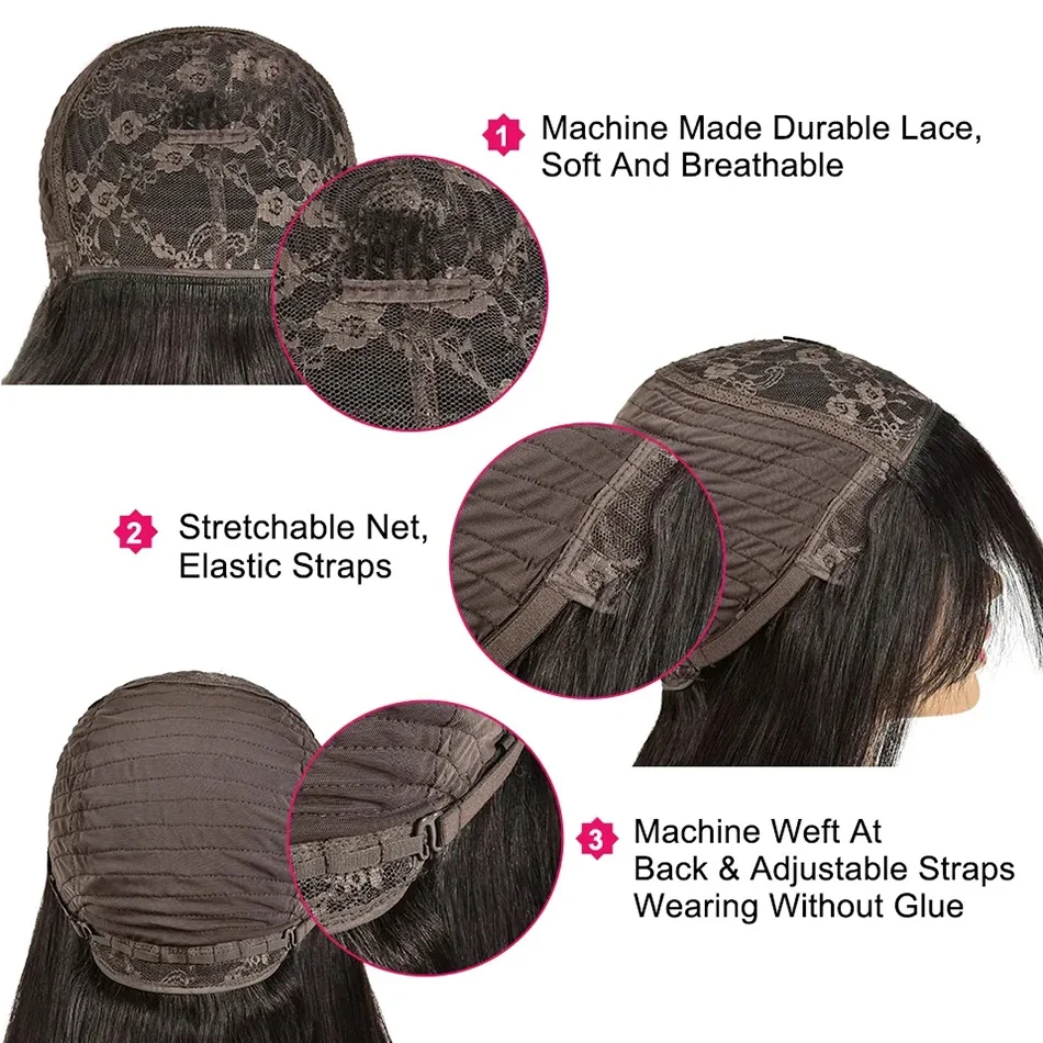 Stretched Length: 26inches, Density: 180% - Silky Wig Human Hair Full Machine Made Straight 100% Human Hair Wigs With Bangs For Women Brazilian Cheap Wig On Sale Clearance
