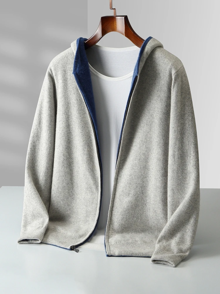 Color: Dark Grey, Size: XL - Reversible Men's Wool Cardigan Sweater Autumn Winter Hooded Solid 100% Merino Wool Knitted Casual Simple Man Jackets Thick Warm