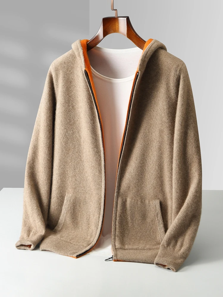 Color: Dark Grey, Size: XL - Reversible Men's Wool Cardigan Sweater Autumn Winter Hooded Solid 100% Merino Wool Knitted Casual Simple Man Jackets Thick Warm