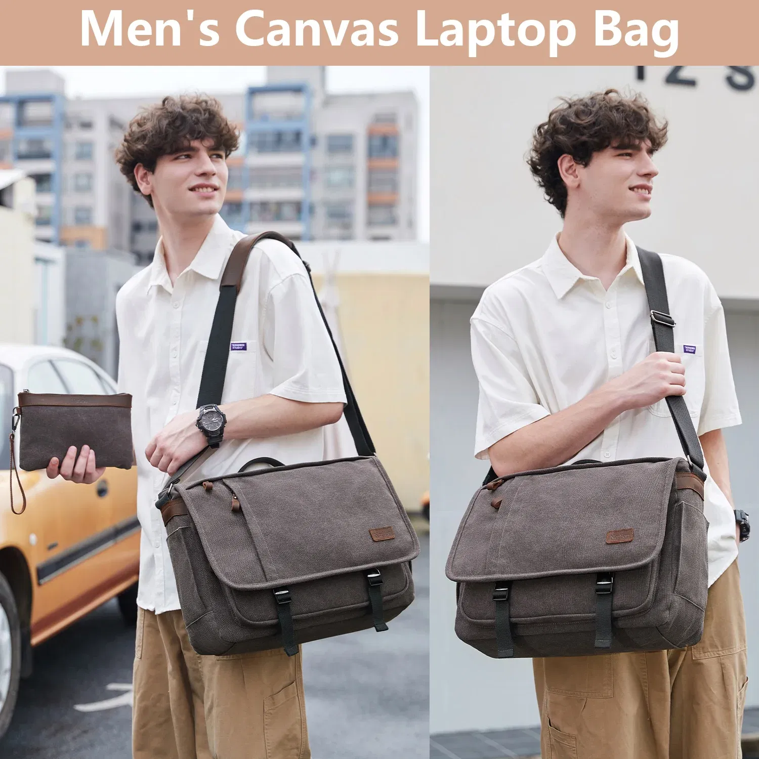 Color: Khaki - Waterproof Canvas Messenger Bag for Men, Messenger Bag  ,Shoulder Bag, Casual Computer Bag, Business Bag, Crazy Horse Cowhide