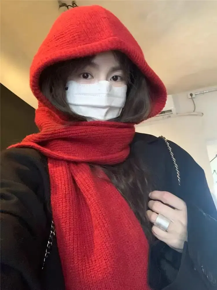 Color: Red - Multicolor Balaclava women's autumn and winter warm wool hat scarf integrated hooded scarf knitted hat trendy