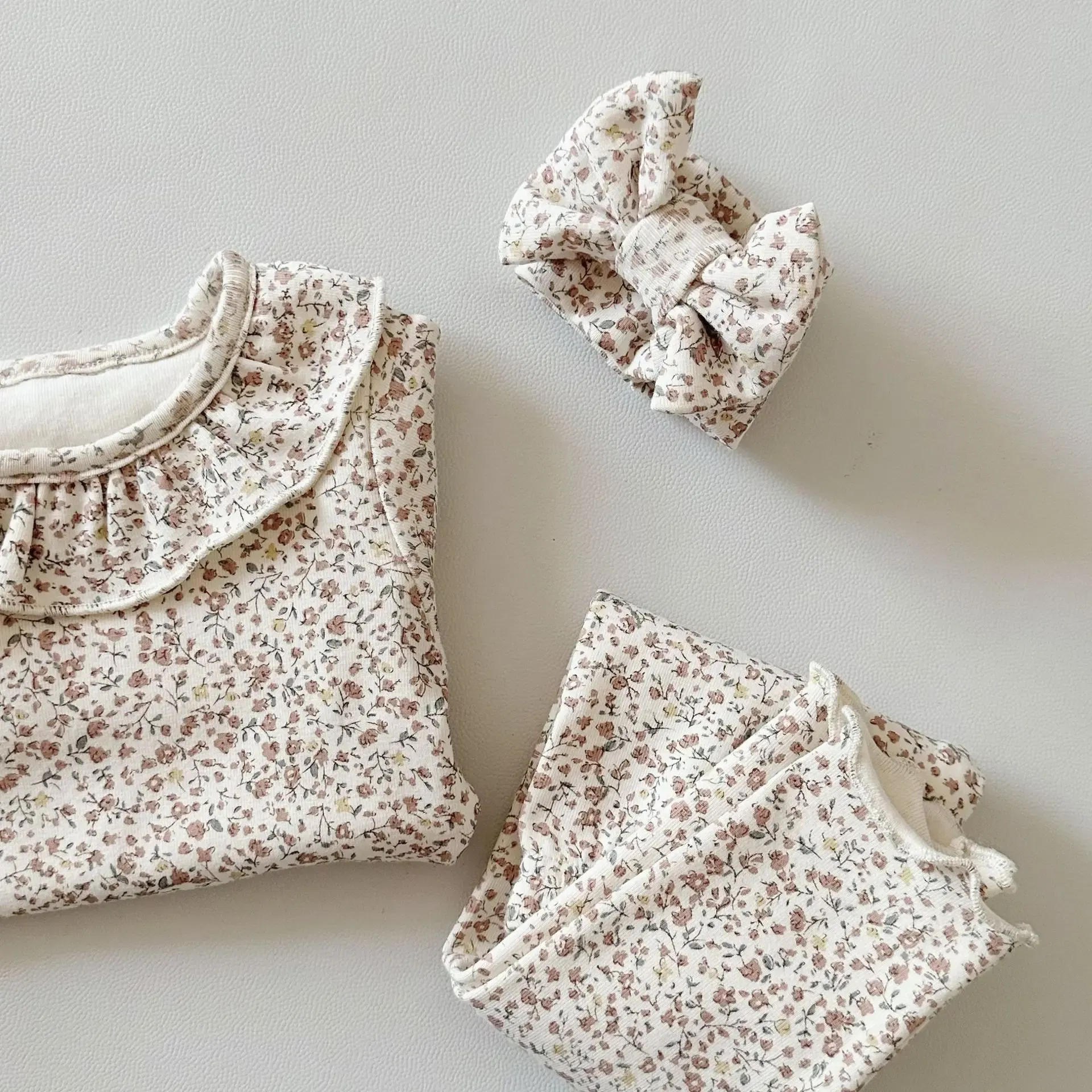 Color: Beige, Kid Size: 6M - 2025 Spring New Baby Long Sleeve Clothes Set Infant Girl Floral Tops + Leggings + Headband 3pcs Suit Cotton Toddler Outfits