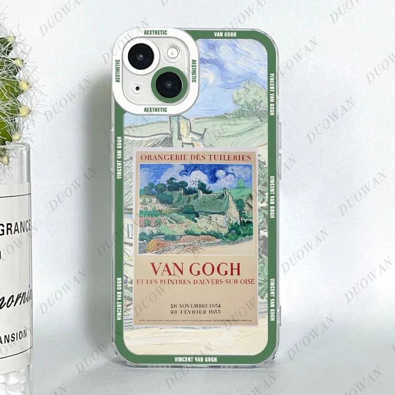 Color: green, Material: Genuine Leather - Van Gogh Oil Painting Phone Case For iPhone 11 12 13 14 15 16 Pro Max XR X XS Mini 8 7 Plus SE 2020 2022 Transparent Case