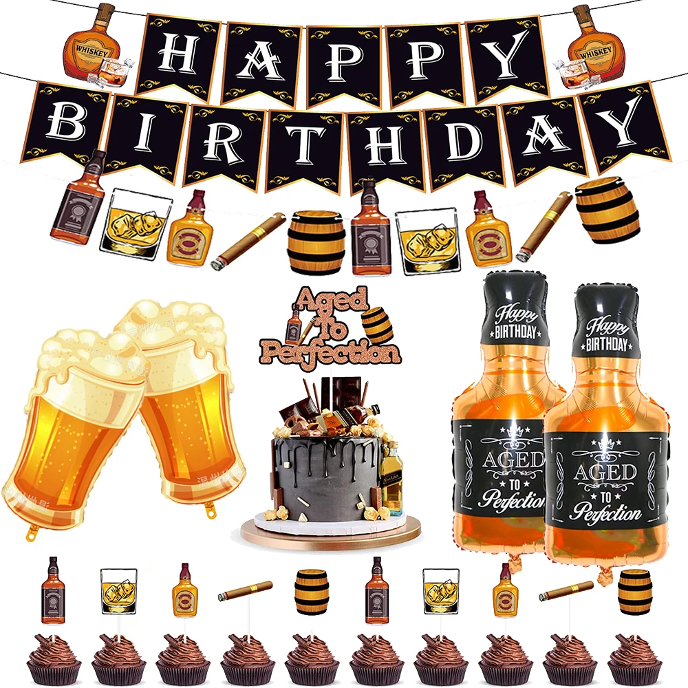 Color: Deep Sapphire - Whiskey Party Decorations Aged to Perfection Birthday Party Supplies Whiskey Birthday Banner Garland Whiskey Cake Topper