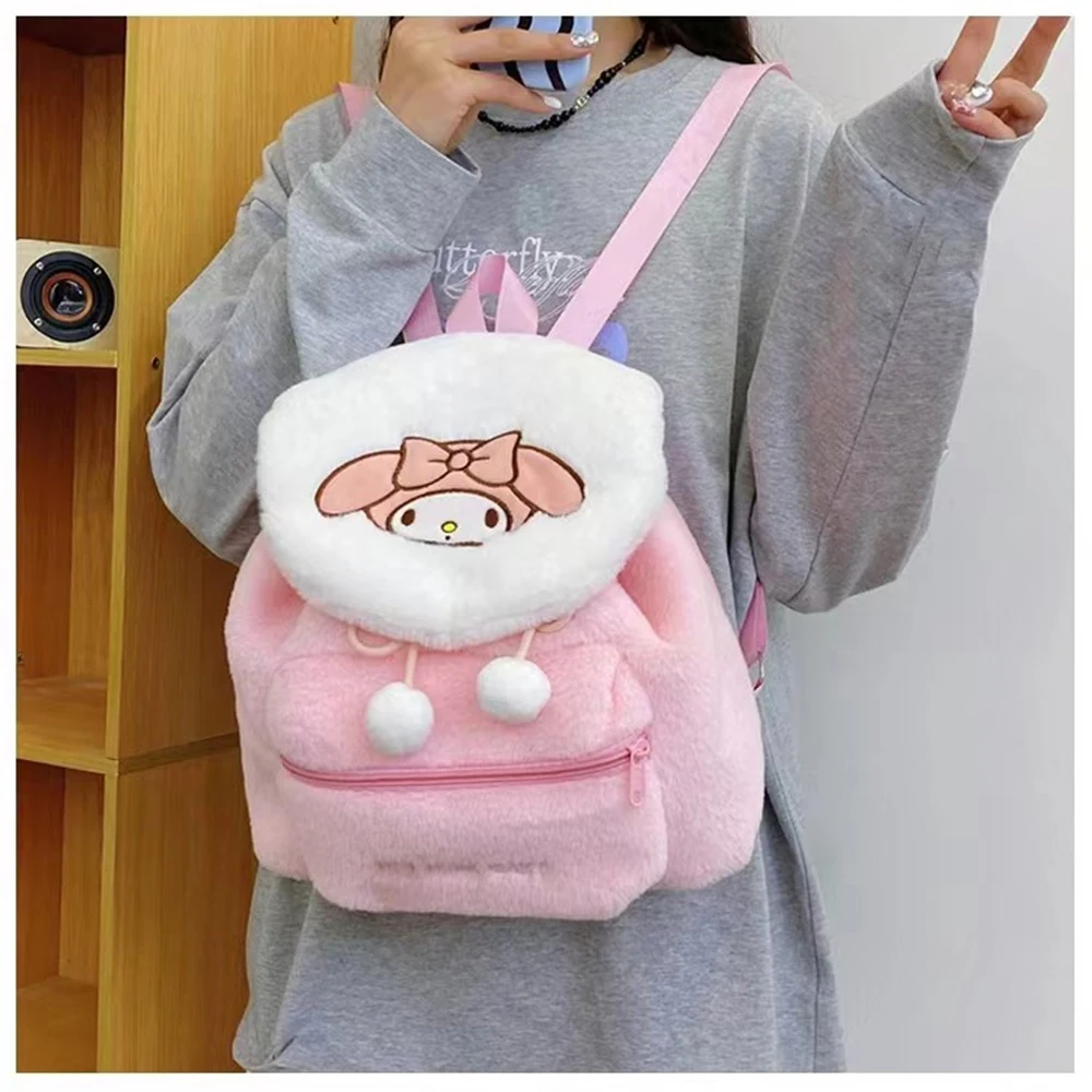 Color: Pink - Sanrio Kuromi Melody Cartoon Cute Puppy Plush Flip Backpack Women's Casual Large Capacity Cute kawaii Cartoon School Bag Mochila