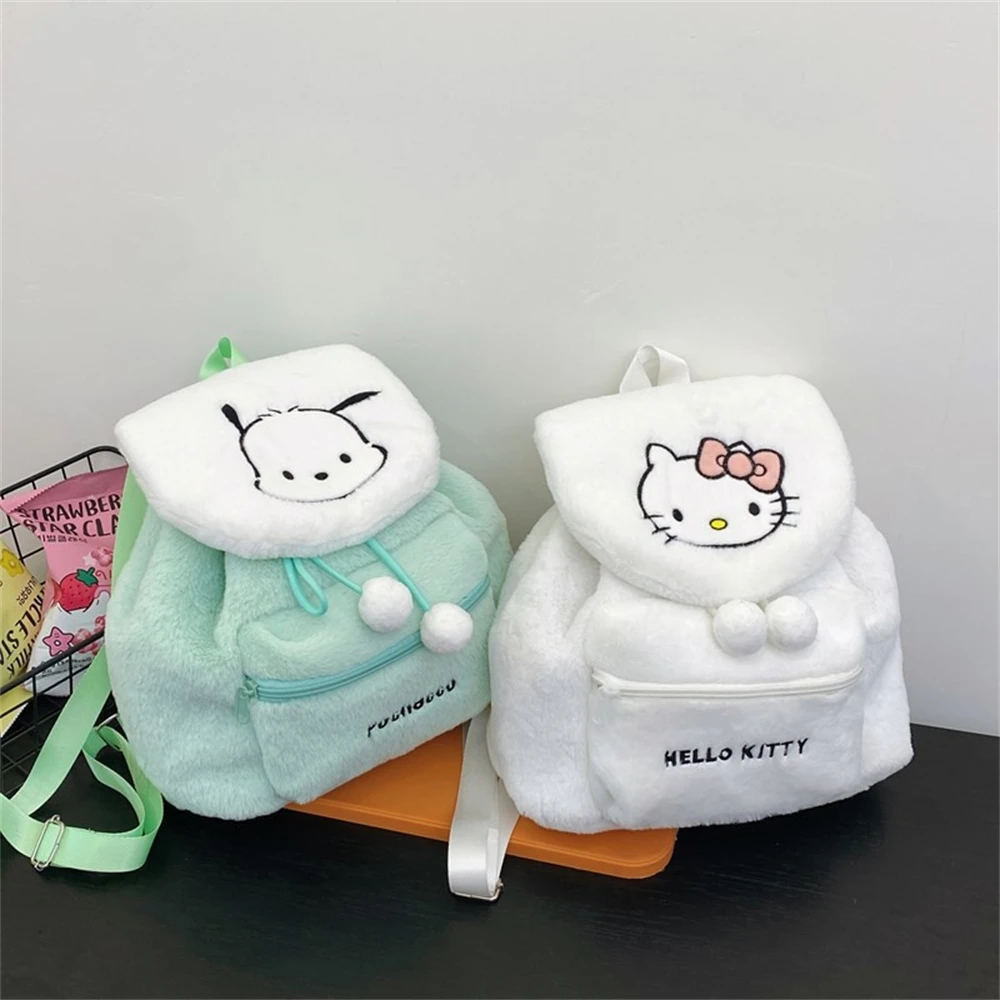 Color: Pink - Sanrio Kuromi Melody Cartoon Cute Puppy Plush Flip Backpack Women's Casual Large Capacity Cute kawaii Cartoon School Bag Mochila