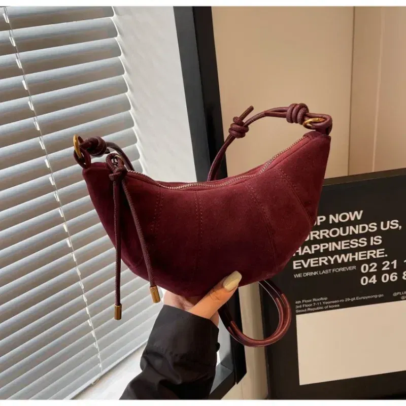 Color: Coffee - Velvet Material Zipper 2024 High Quality Shoulder Bag Solid Color Simple Fashionable Crossbody Bag Soft Western Style Handbag