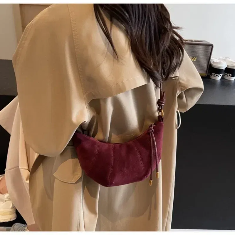 Color: Coffee - Velvet Material Zipper 2024 High Quality Shoulder Bag Solid Color Simple Fashionable Crossbody Bag Soft Western Style Handbag