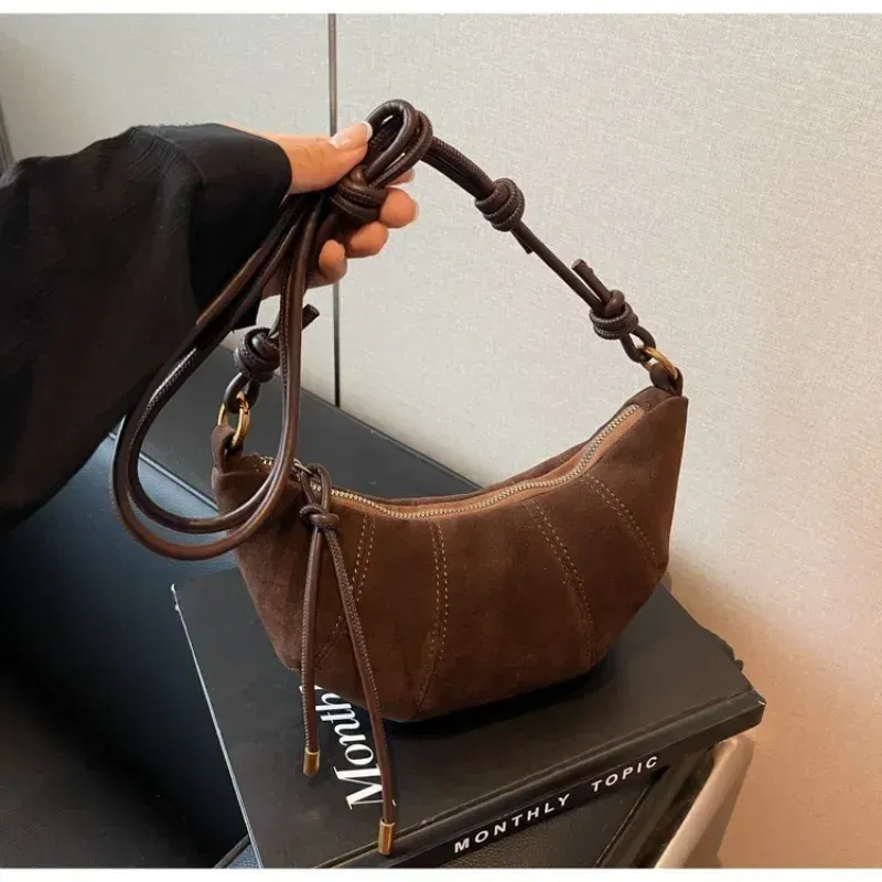 Color: Coffee - Velvet Material Zipper 2024 High Quality Shoulder Bag Solid Color Simple Fashionable Crossbody Bag Soft Western Style Handbag