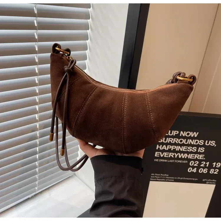 Color: Coffee - Velvet Material Zipper 2024 High Quality Shoulder Bag Solid Color Simple Fashionable Crossbody Bag Soft Western Style Handbag