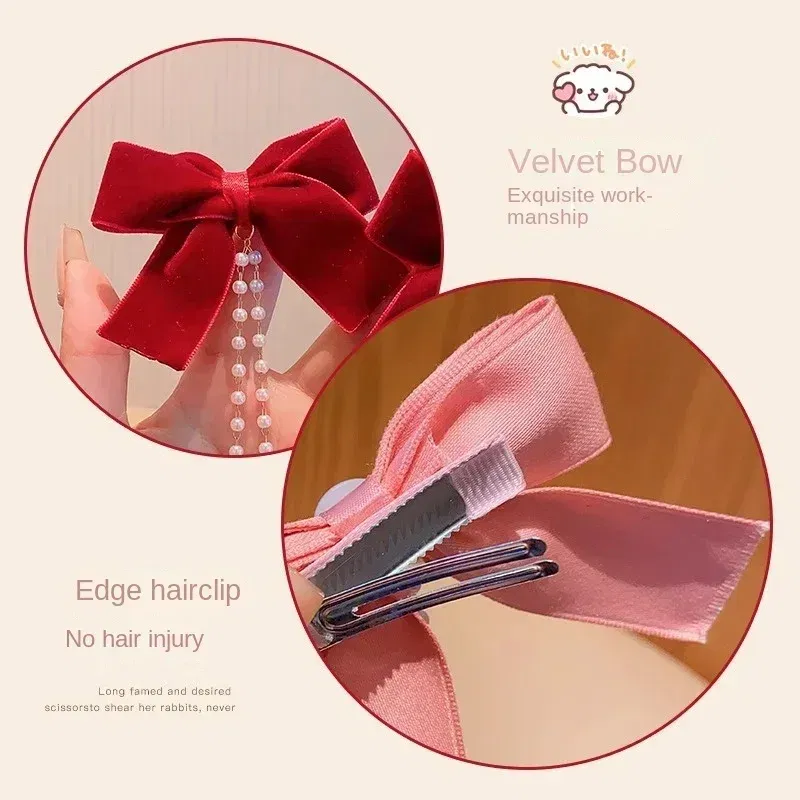 Color: black - Elegant Pearl Bow Tassel Hair Clip Solid Velvet Hair Claw Children Princess Best Hairpins New Fashion Beauty Hair Accessories