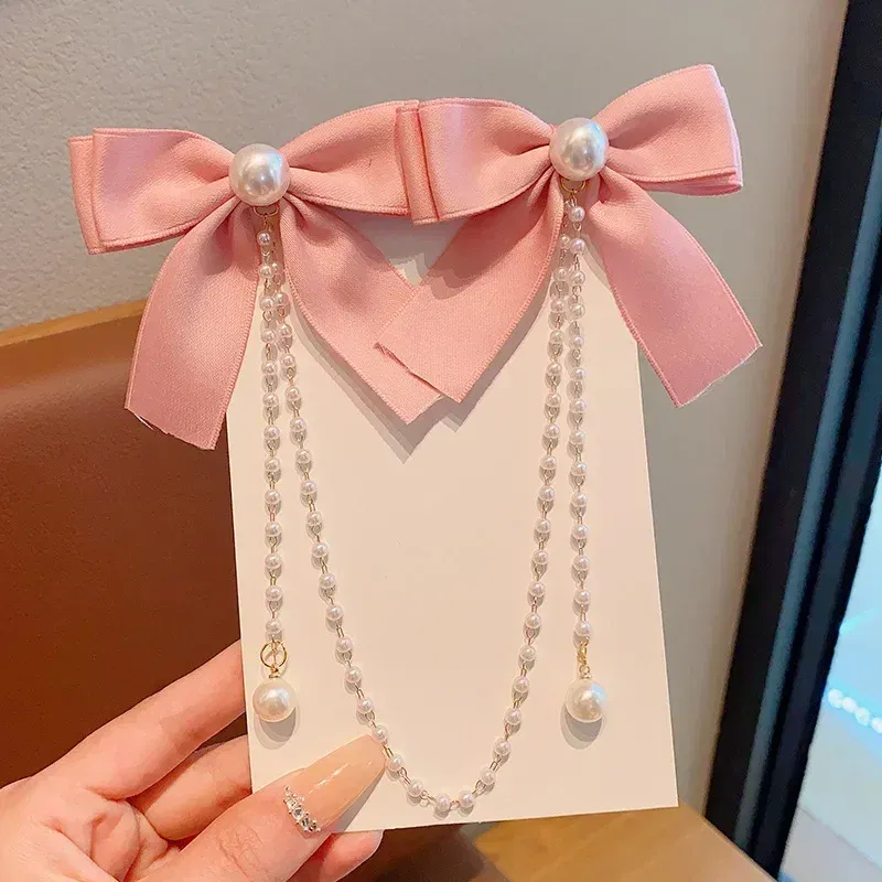 Color: black - Elegant Pearl Bow Tassel Hair Clip Solid Velvet Hair Claw Children Princess Best Hairpins New Fashion Beauty Hair Accessories