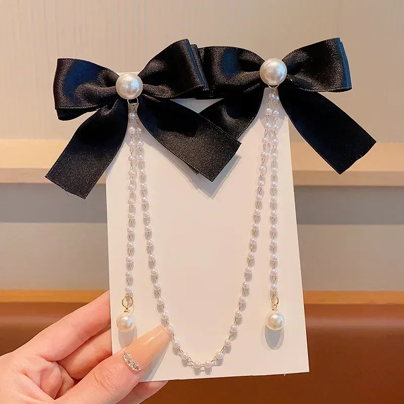 Color: black - Elegant Pearl Bow Tassel Hair Clip Solid Velvet Hair Claw Children Princess Best Hairpins New Fashion Beauty Hair Accessories