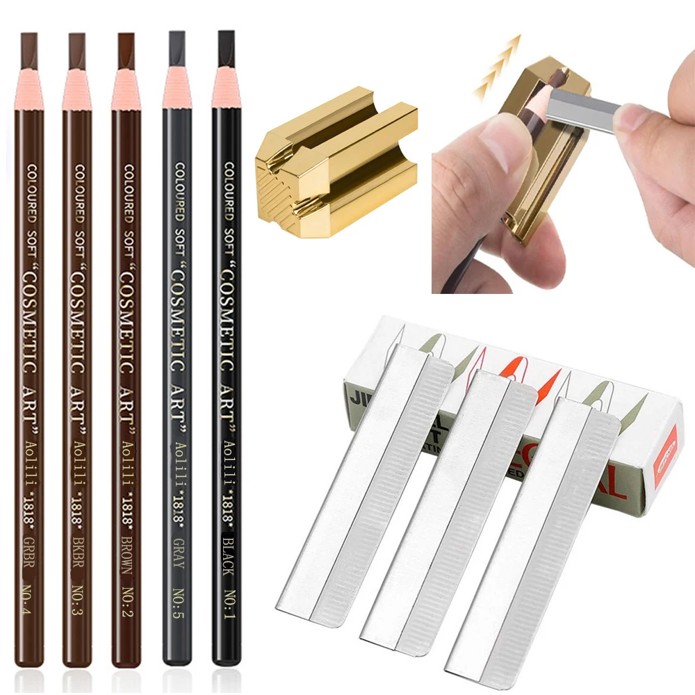 Color: Light Grey, Ships From: CHINA - Eyebrow Pencil With Sharpener 4Pcs Brow Trimmer Blade Microblading Supplies Set Eyebrows Sharpening Tip Thin Art Makeup Tools