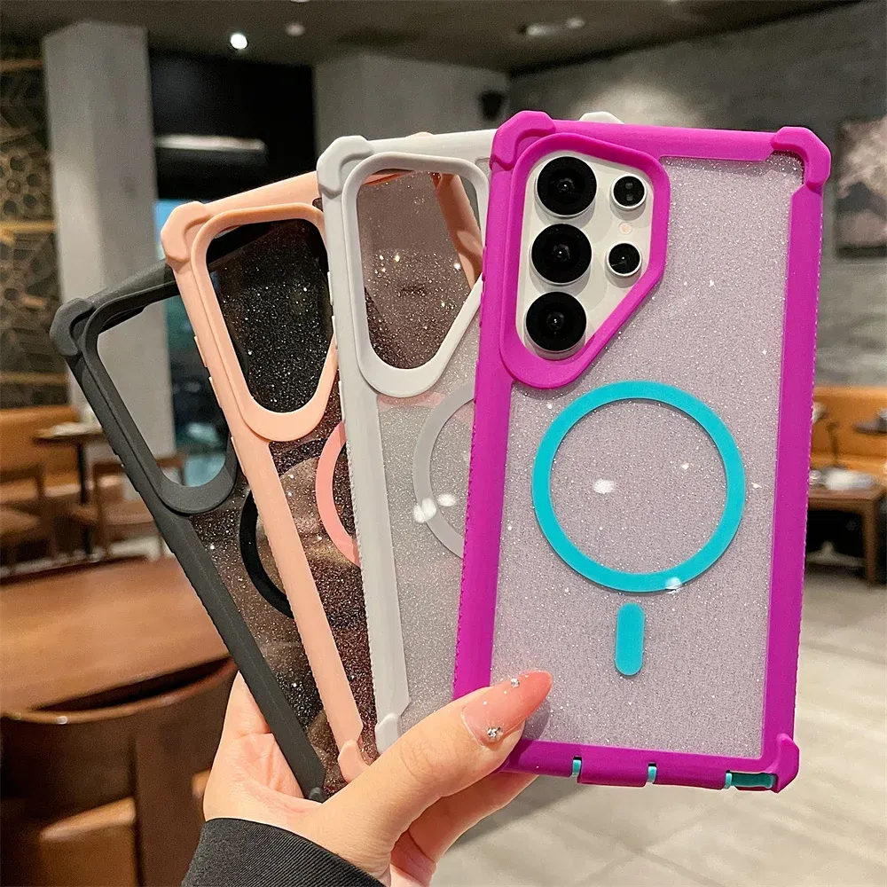 Color: SKY BLUE, Compatibility by Model: Galaxy S25 Ultra - For Magsafe Clear Armor Bumper Glitter Phone Case For Samsung S25 Ultra S24 Plus Wireless Charging Shockproof Protective Cover