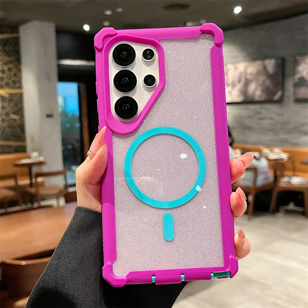 Color: SKY BLUE, Compatibility by Model: Galaxy S25 Ultra - For Magsafe Clear Armor Bumper Glitter Phone Case For Samsung S25 Ultra S24 Plus Wireless Charging Shockproof Protective Cover