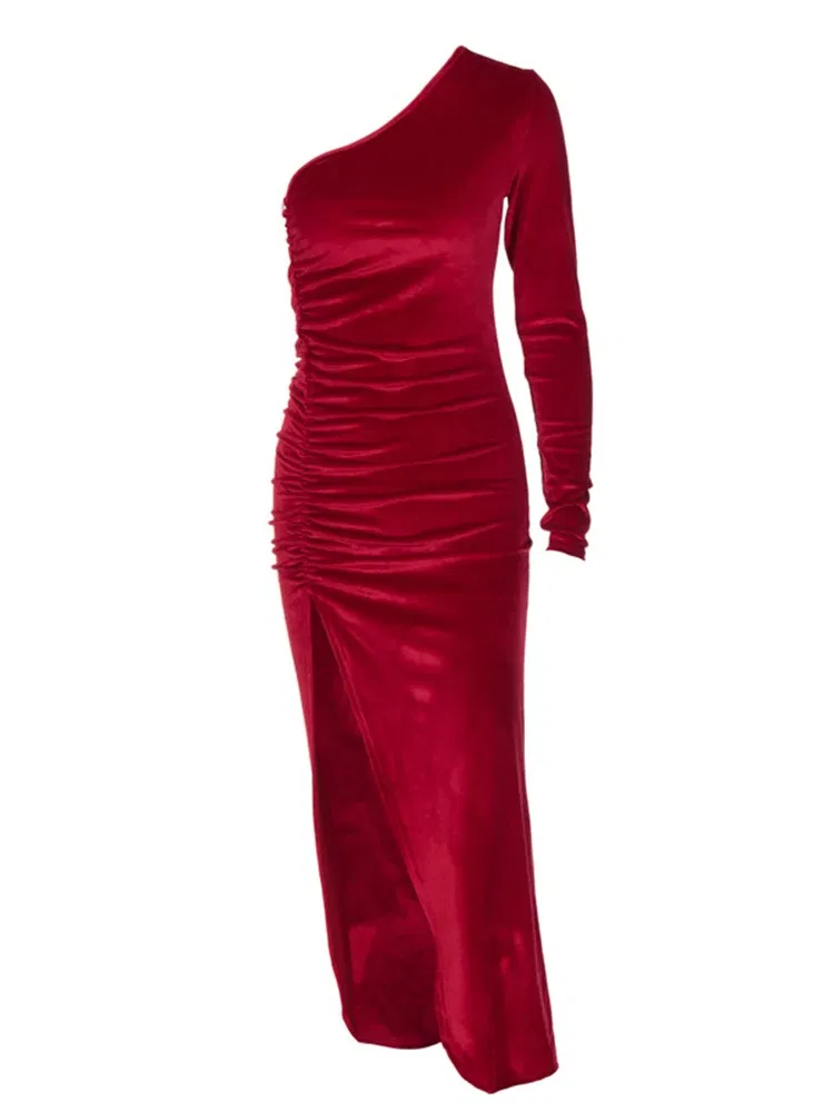 Color: Red, Size: S - Women Elegant Long Sleeve Party Evening Velvet Bodycon Split Pencil Midi Dress Spring Autumn Clothes