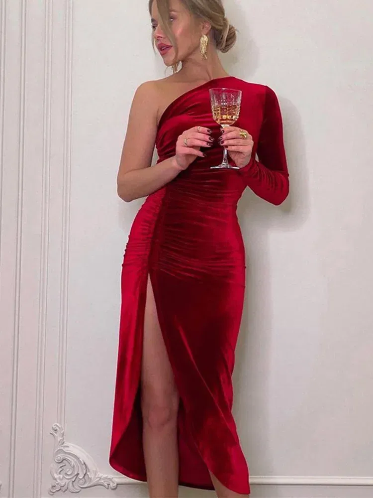 Color: Red, Size: S - Women Elegant Long Sleeve Party Evening Velvet Bodycon Split Pencil Midi Dress Spring Autumn Clothes
