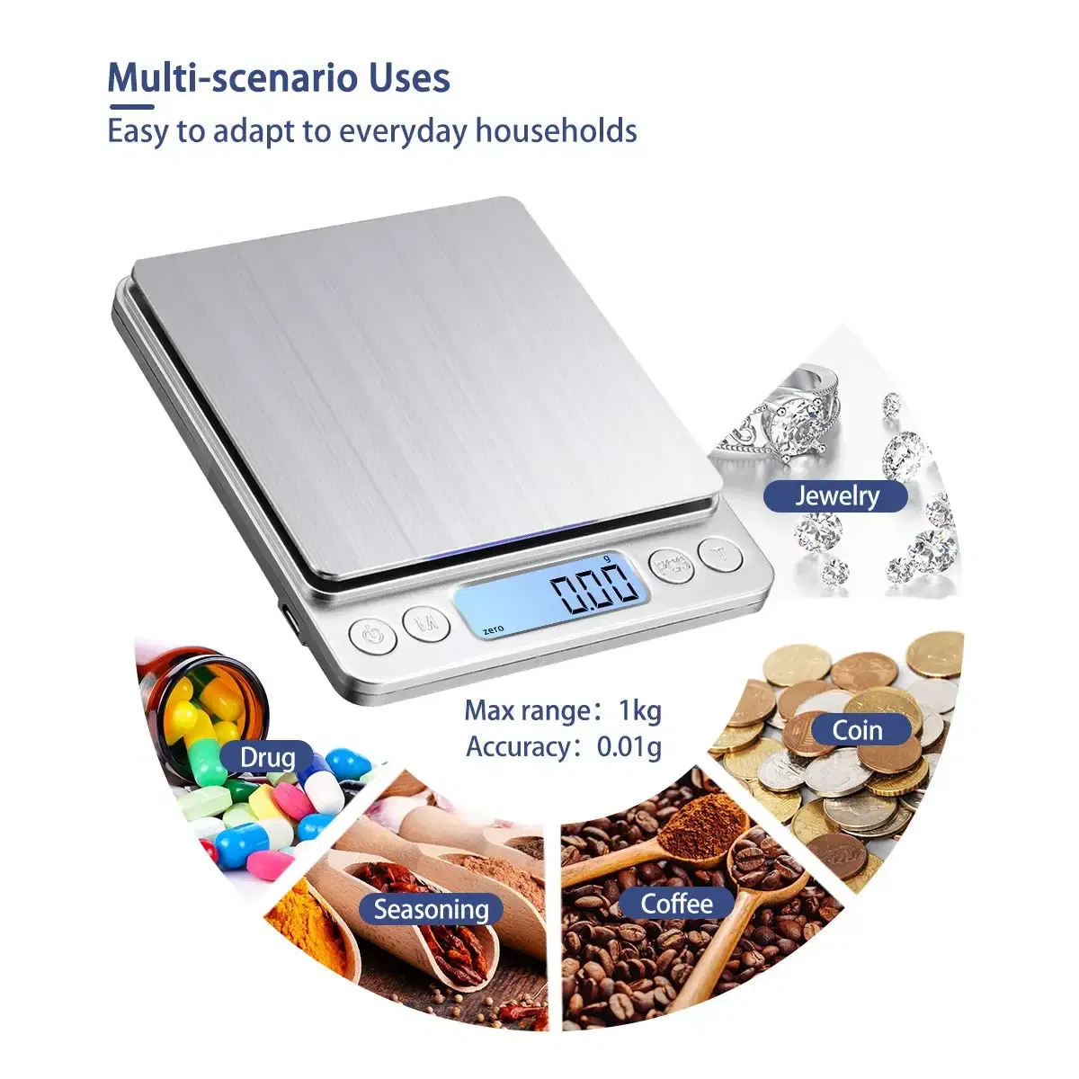 Color: Blue - Digital Kitchen Scale 3000g/ 0.1g USB Charging with 2 Trays Home Mini Jewelry Pocket Scale with LCD Display Digital Food Scales