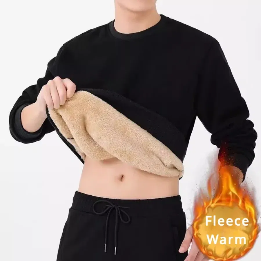 Color: Dark Grey, Size: L - Winter Men Fleece Sweatshirts Keep Warm Underwear Casual Solid Color Pullover Lambswool O-neck Thickened Thermal Underwear Tops