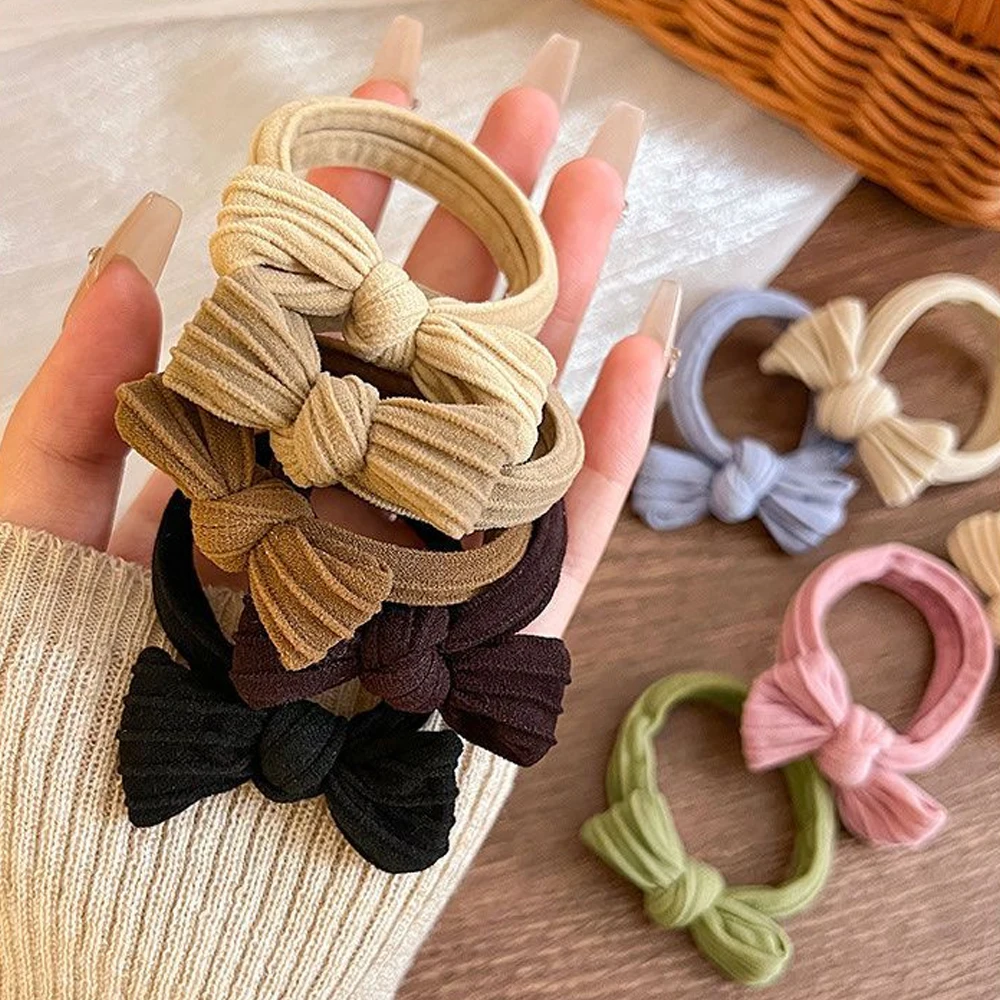 Color: Pink - 5pcs/Set Simple Bow Hair Ties Ropes Colorful Elastic Seamless Ponytail Holder Rubber Band For Toddler Girls