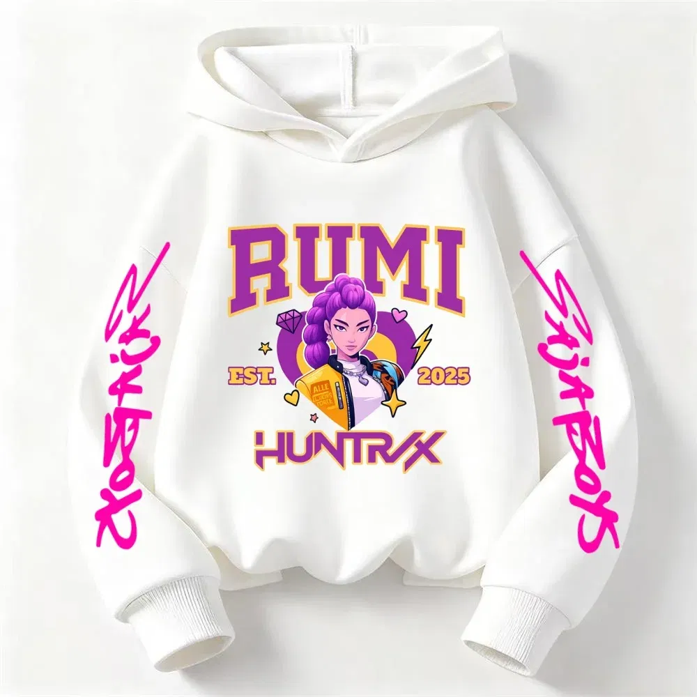 Color: Pink, Kid Size: 4 - 2025 KPop Devil Hunter Cartoon Girl Boy Hooded Sweatshirt Kawaii Children's Korean Wave Casual Fashion Top