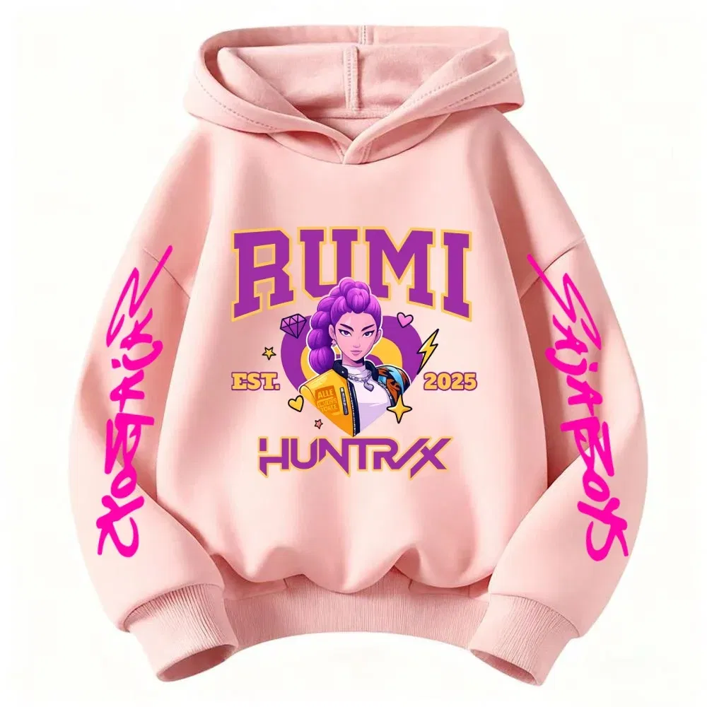 Color: Pink, Kid Size: 4 - 2025 KPop Devil Hunter Cartoon Girl Boy Hooded Sweatshirt Kawaii Children's Korean Wave Casual Fashion Top