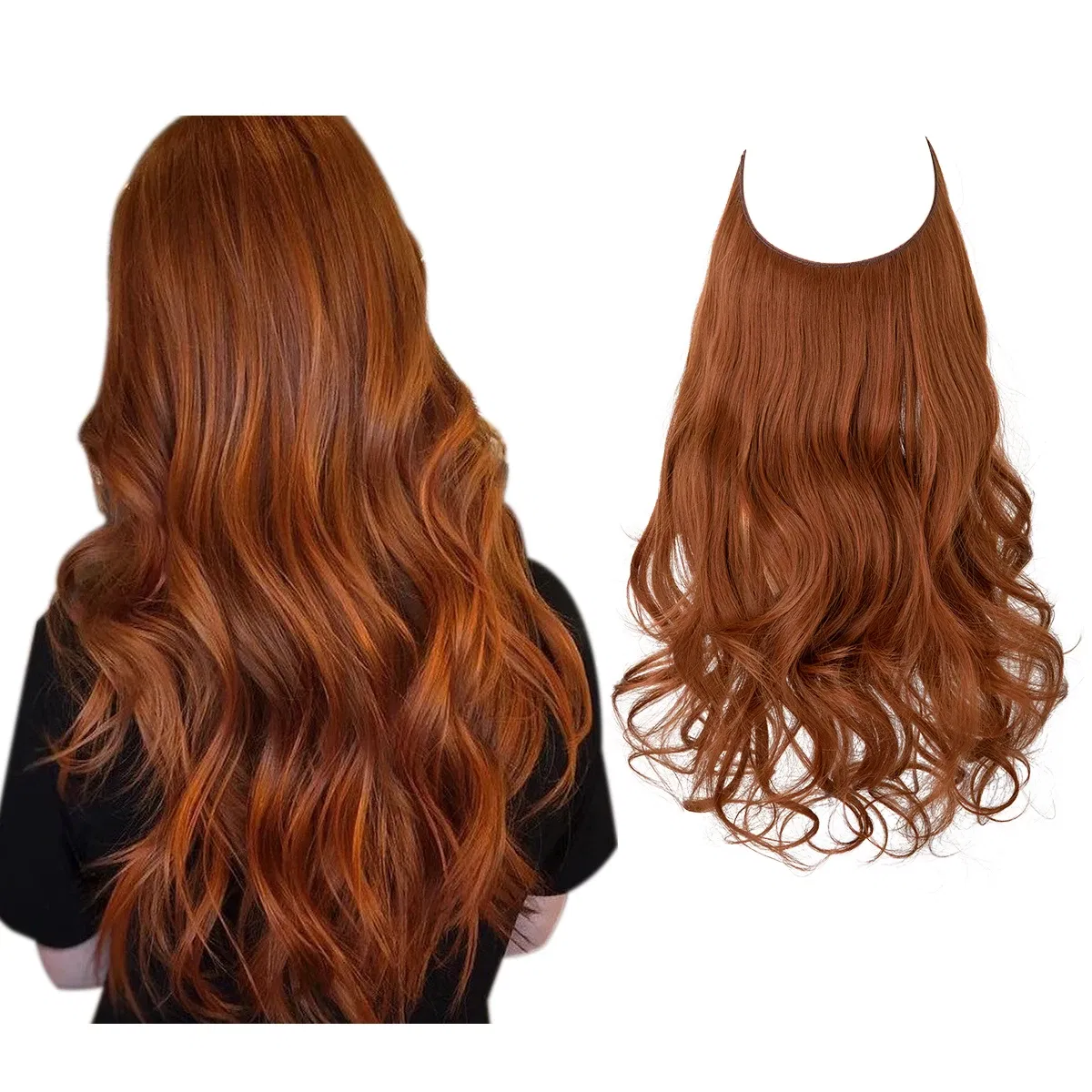Color: T1B/33/27, Stretched Length: 16inches - Synthetic No Clip Wave Hair Extensions Ombre Natural Black Blonde Pink One Piece False Hairpiece Fish Line Fake Hair Piece