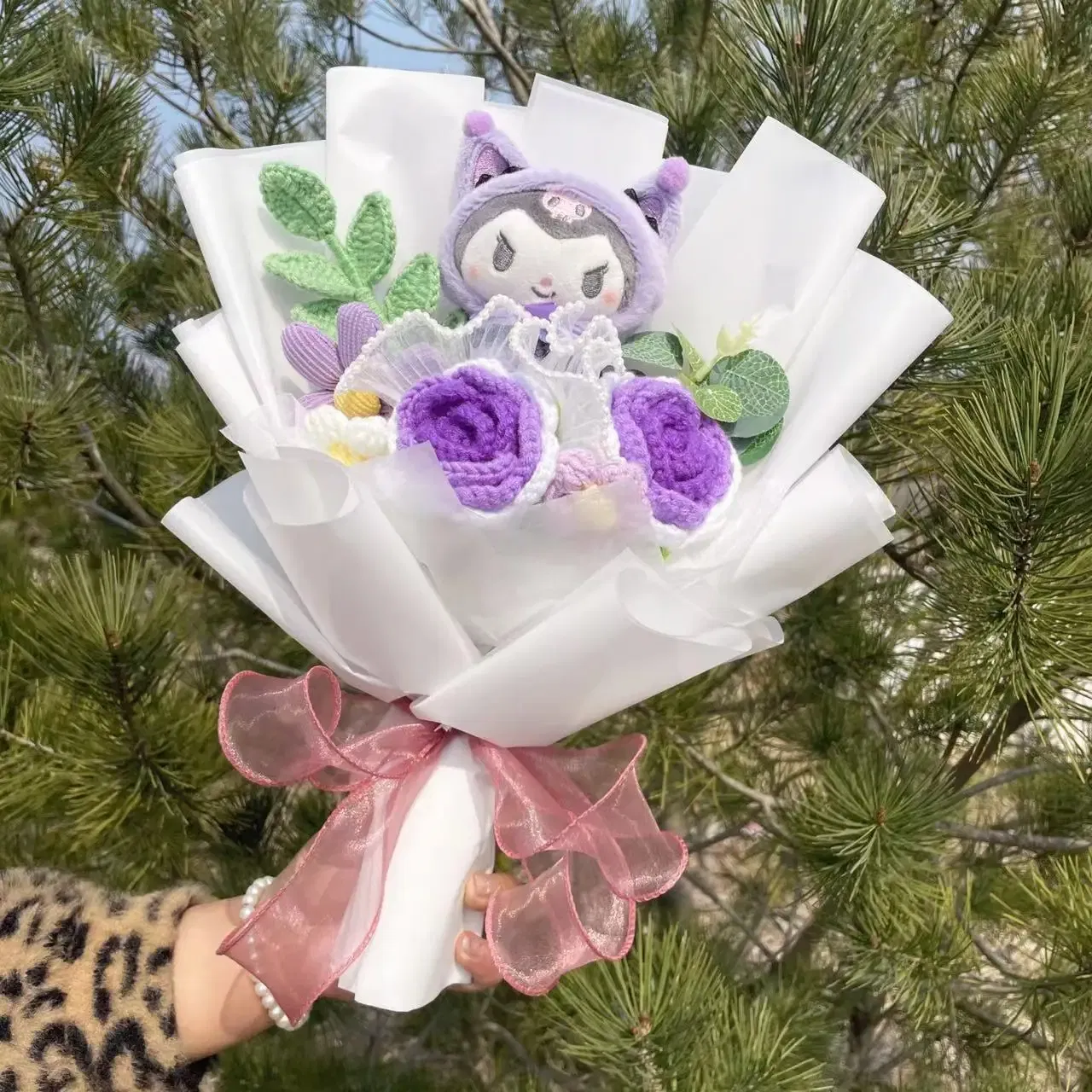Color: Lemon yellow - Kawaii Hello Kitty Cat Dolls With Artificial Flowers Creative Bouquet Christmas Valentine Birthday Graduation Gifts