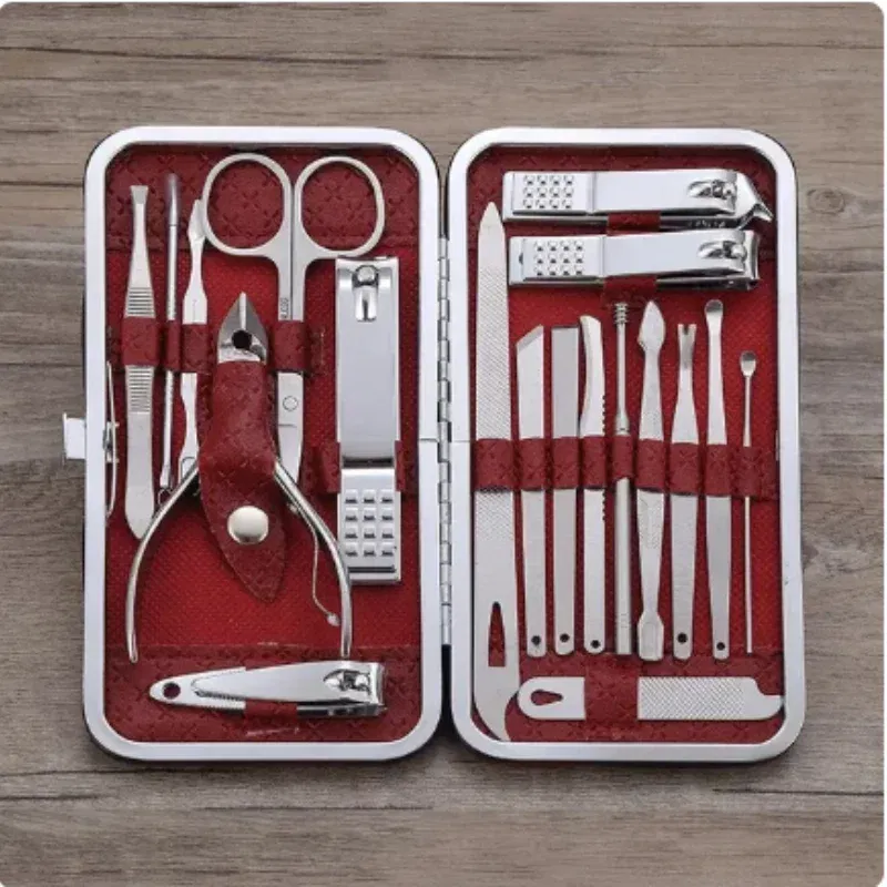 Color: Red - Home Nail Clipper Set of 19 Pieces Large Size Dead Skin Pliers Diagonal to Remove Dead Skin Small Eyebrow Clipper Leather Sleeve