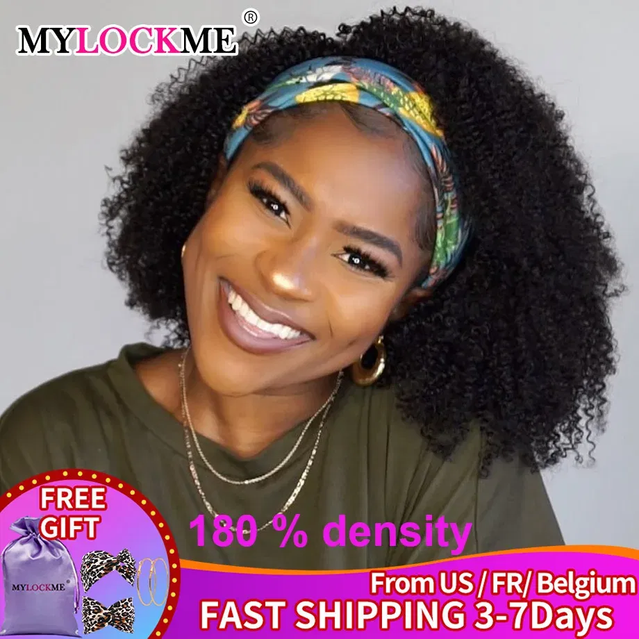 Hair Color: #27R, Stretched Length: 16inches - Headband Wig Human Hair Kinky Curly MYLOCKME No Glue Full Machine Made Brazilian Remy Human Hair Wigs For Women 180% Density