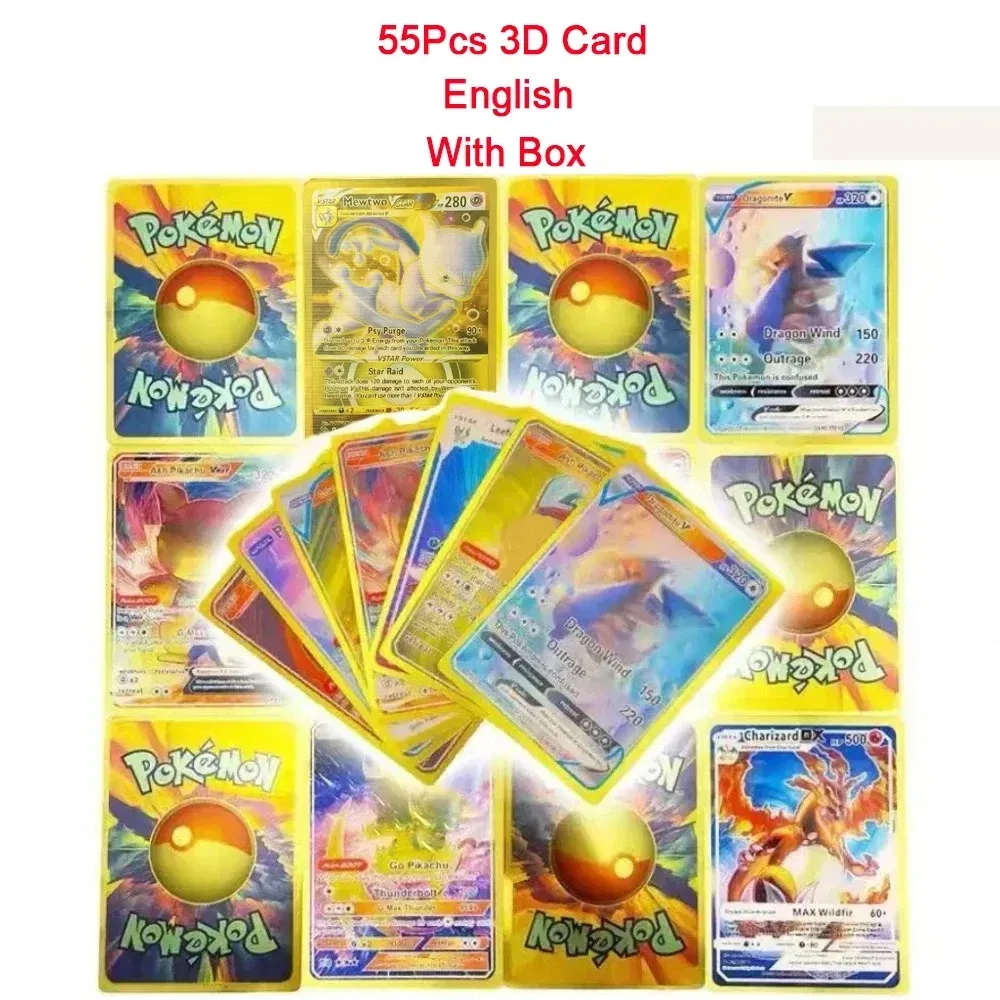 Color: four - 55PCS Pokemon Colorful Gold Foil Card Charizard Pikachu Arceus Diamond Rainbow English French German Spanish VSTAR GX VMAX Cards