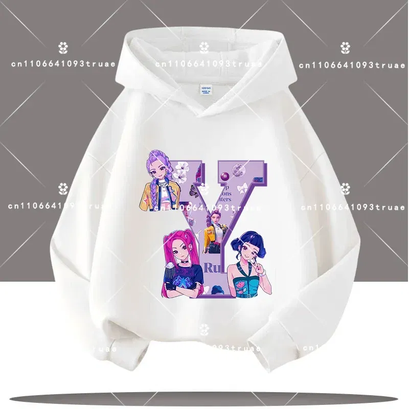 Color: Yellow, Kid Size: 6 - K-pop Demon Hunters Letter A-Z 3-12 Year Old Children Hooded Sweatshirt Girls' Casual Shirt Boys' Sports Shirt Cartoon Print