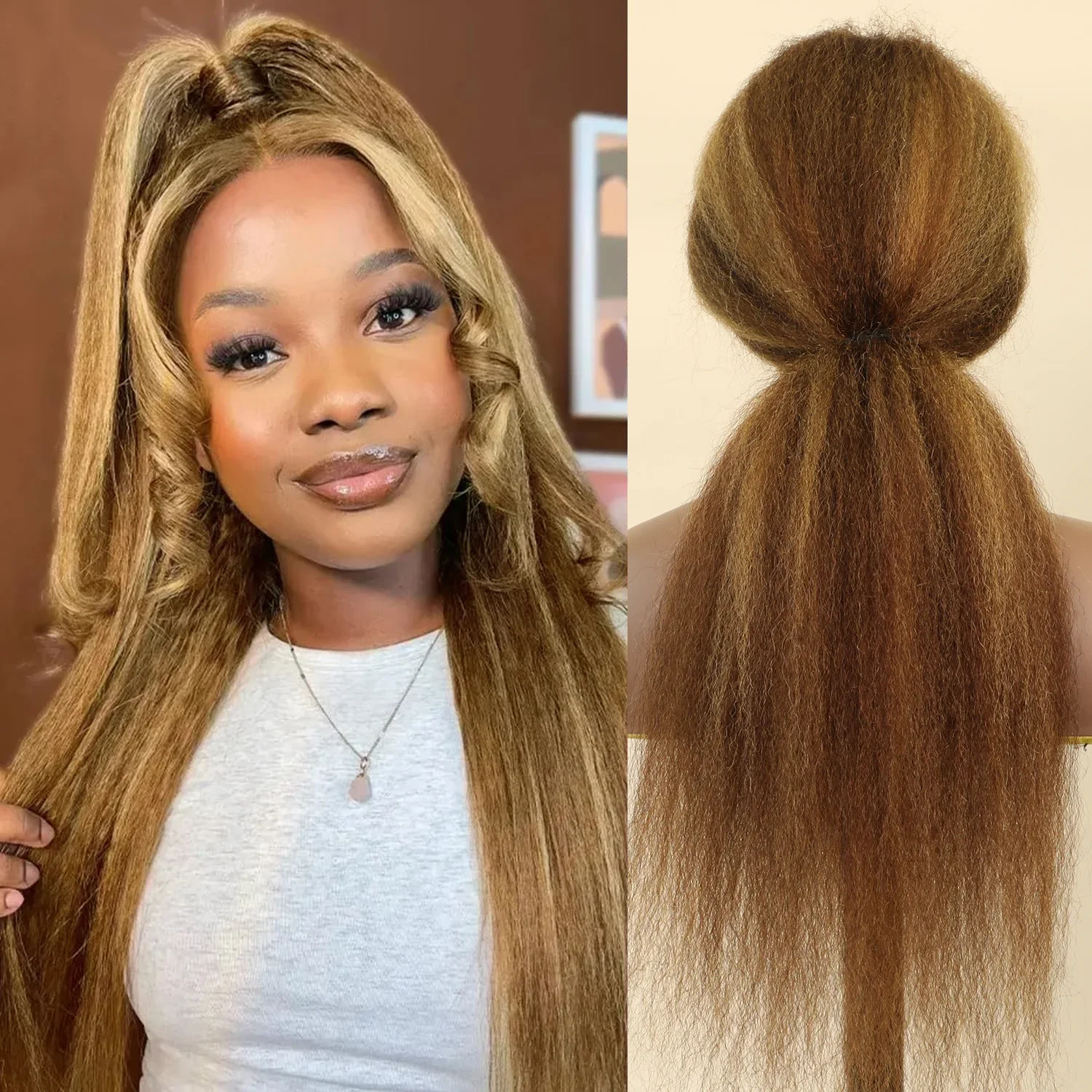 Stretched Length: 20inches, Density: 200% - 13x6 Highlight Brazilian 4/27 Brown Blonde Color Lace Wigs Kinky Straight Transparent Lace Front Human Hair Wig For Women