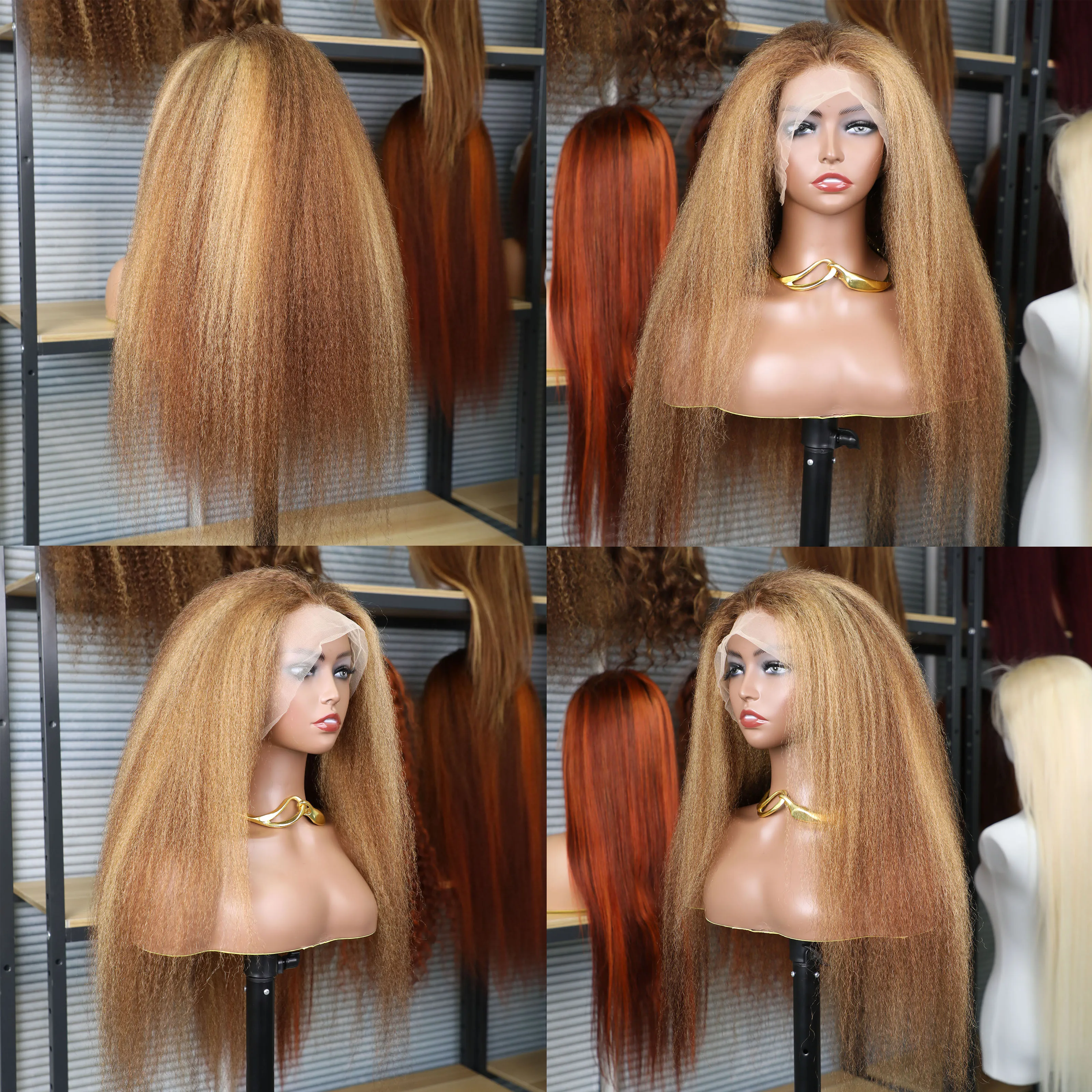 Stretched Length: 20inches, Density: 200% - 13x6 Highlight Brazilian 4/27 Brown Blonde Color Lace Wigs Kinky Straight Transparent Lace Front Human Hair Wig For Women