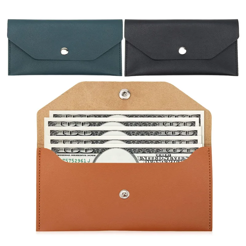 Color: Brown - Ultra-thin Cash Envelope Wallet Wear-resistant PU Leather Money Binder Organizer Waterproof Pouch Name Card Holder Male Female