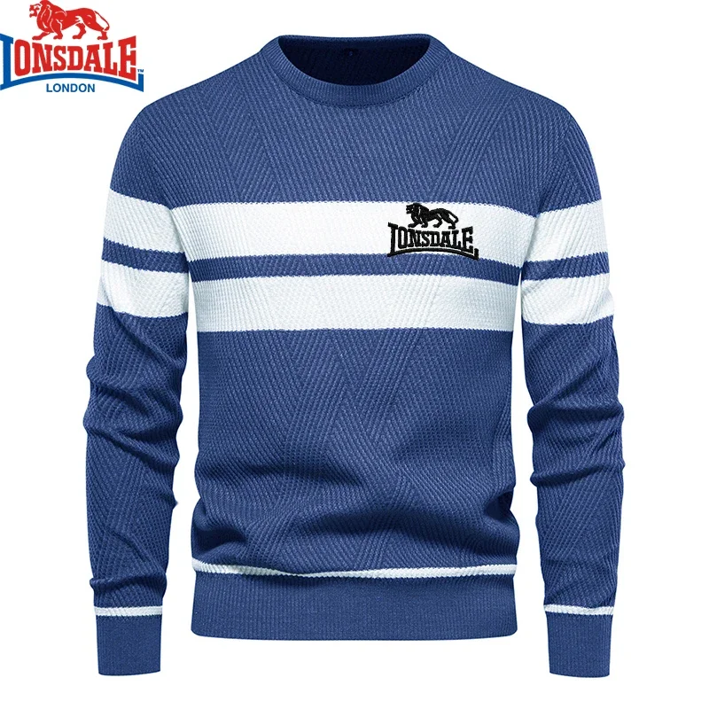 Color: Blue, Size: S - Embroidered LONSDALE Mens Boys Winter Stripe Sweater Thick Warm Pullovers Men's O-neck Basic Casual Slim Comfortable Sweaters