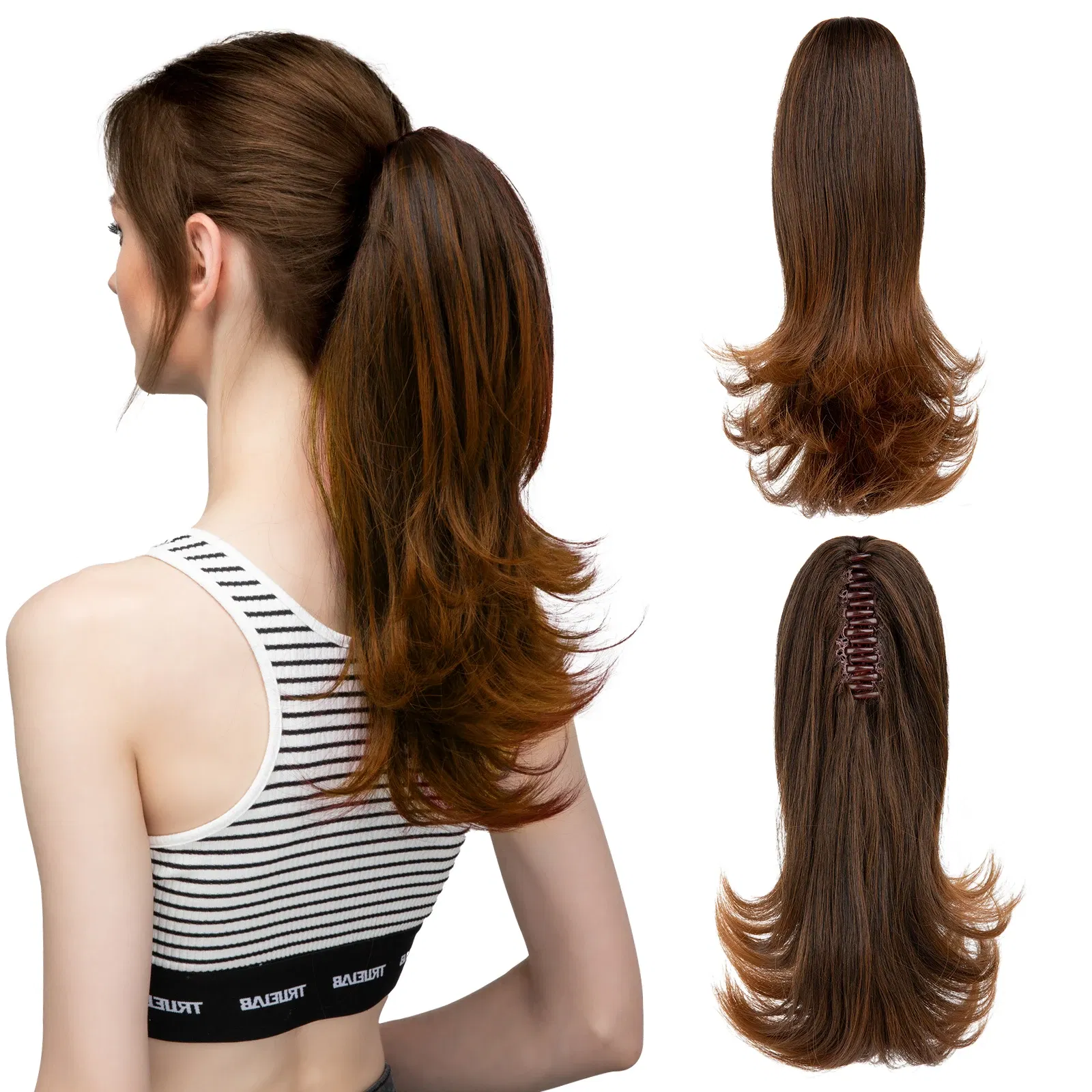 Color: #35, Stretched Length: 14inches - Synthetic Claw Clip In Ponytail Hair Extensions 14 Inch Wavy Hairpiece Fake Blonde Black Hair False Pigtail With Elastic Band
