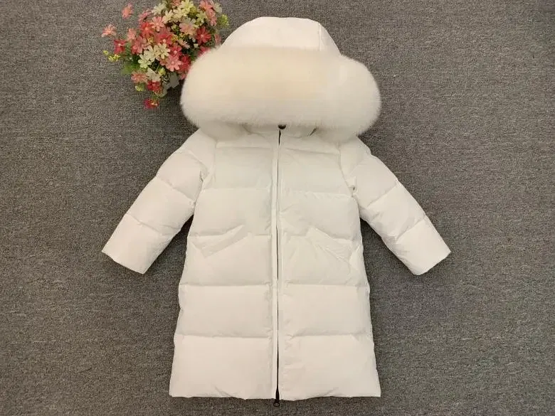 Color: WHITE, Kid Size: 8 - Children Girl boy Winter real fur thickened down jackets 90 down Long Coat jacket overcoat baby kids clothing -30 outwear ws1245