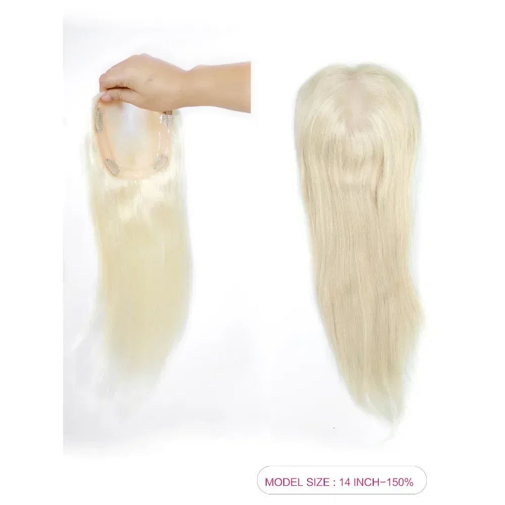 Toupee Color: 60R#, Toupee Size: 5x7, Toupee Design: free, Toupee Density: 120%, Length: 14 inches - 5.5X6inch Mono Base Brazilian Remy Human Hair Topper 12"-18" Double Pu Around Thick Invisible Mono Topper for Women Hairpieces