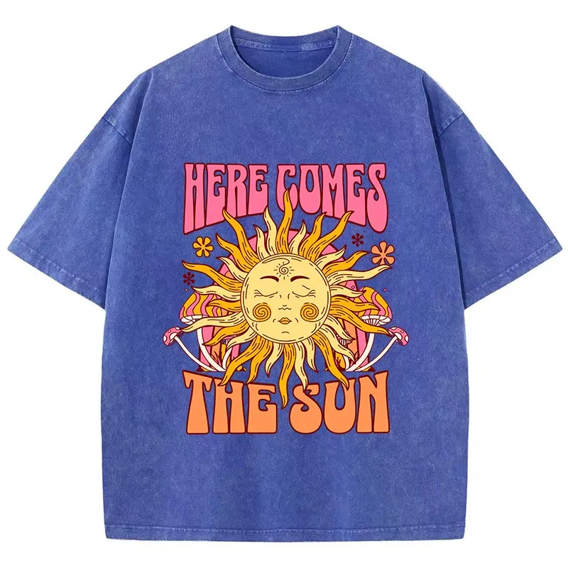 Color: Dark Grey, Size: M - Oversize Women's Washed T-Shirt Cotton Here Comes The Sun Prints T Shirts Casual O-Neck Short Sleeve Tops Loose Women's Clothes