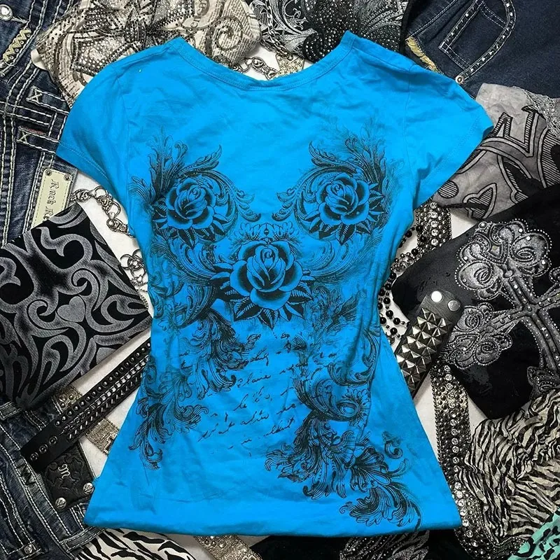 Color: Blue, Size: S - Women's Y2k Grunge T-Shirts 2000s Vinage Rhinestone Print Heart Rose T-Shirt Aesthetics Harajuku Round Neck Tops street fashion