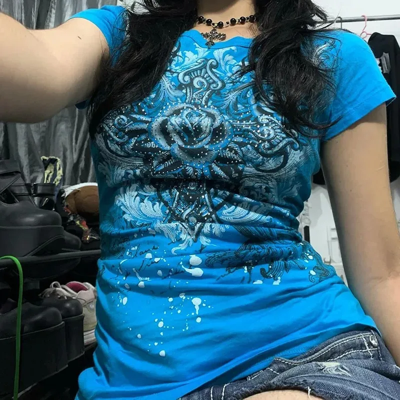 Color: Blue, Size: S - Women's Y2k Grunge T-Shirts 2000s Vinage Rhinestone Print Heart Rose T-Shirt Aesthetics Harajuku Round Neck Tops street fashion