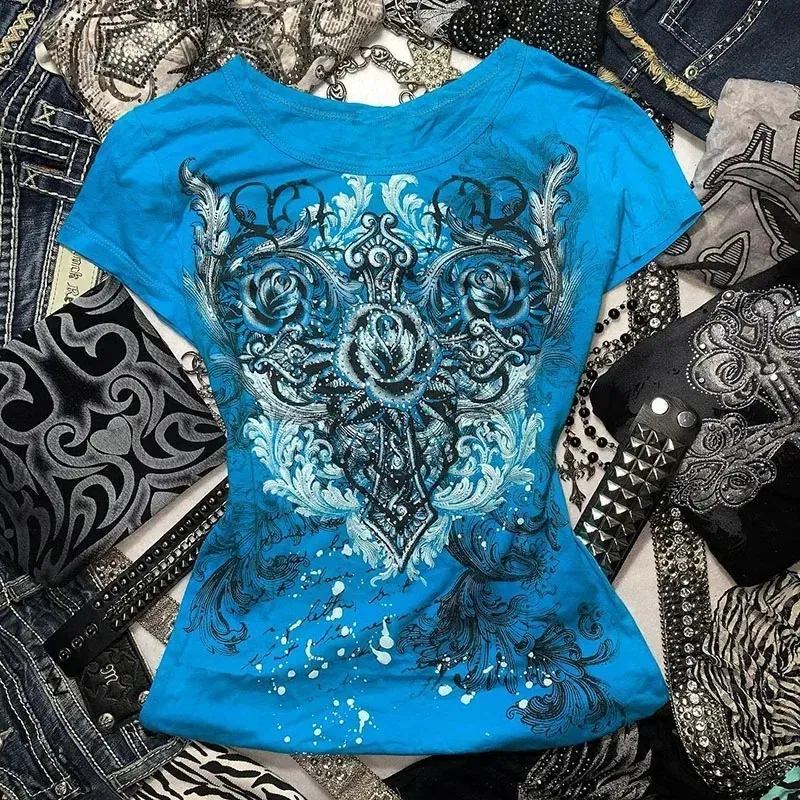 Color: Blue, Size: S - Women's Y2k Grunge T-Shirts 2000s Vinage Rhinestone Print Heart Rose T-Shirt Aesthetics Harajuku Round Neck Tops street fashion