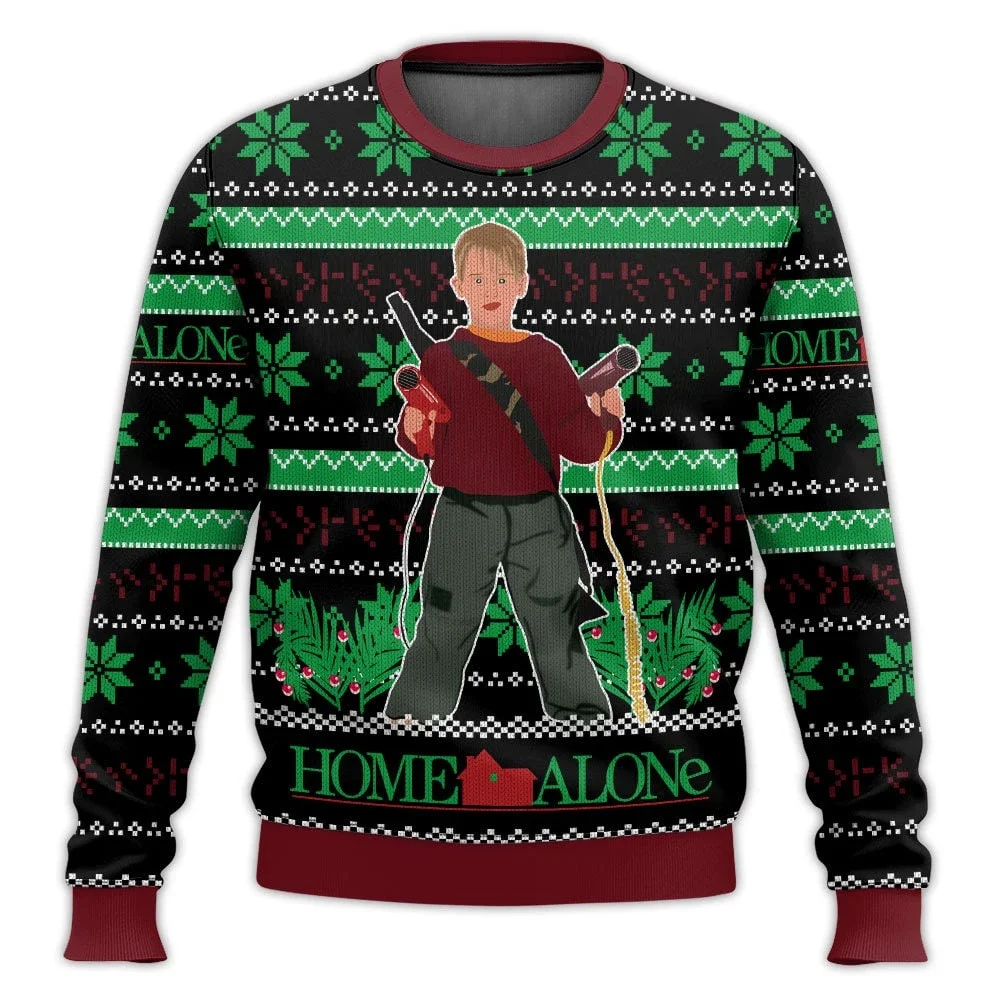 Color: black, Size: M, Ships From: CHINA - Merry Christmas alone at home Ugly Christmas sweater cartoon animation Men's pullover 2026 fashionable couple shirts Sweatshirt
