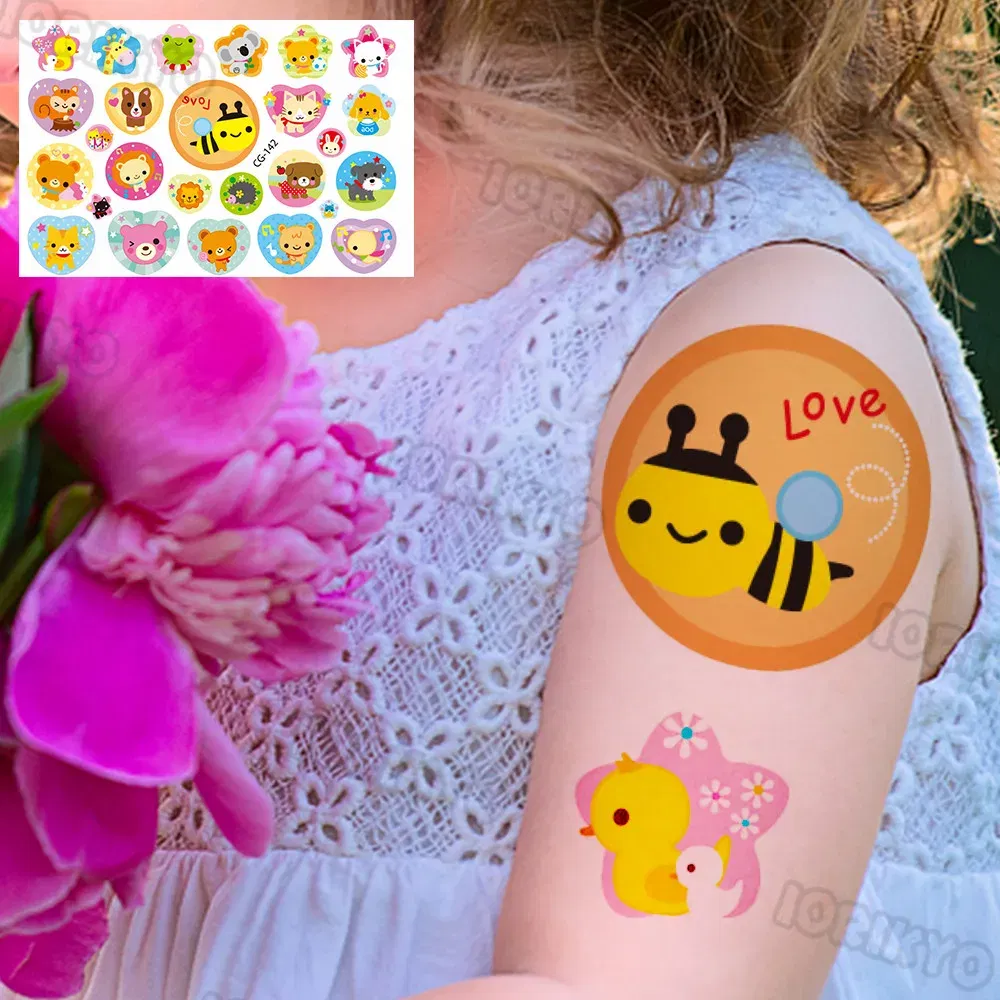 Color: light yellow - Watercolor Cat Bear Temporary Tattoos For Kids Children Boys Girls Fake Cute Dinosaur Tattoo Stiker Koala Star Face Tatoos Hands